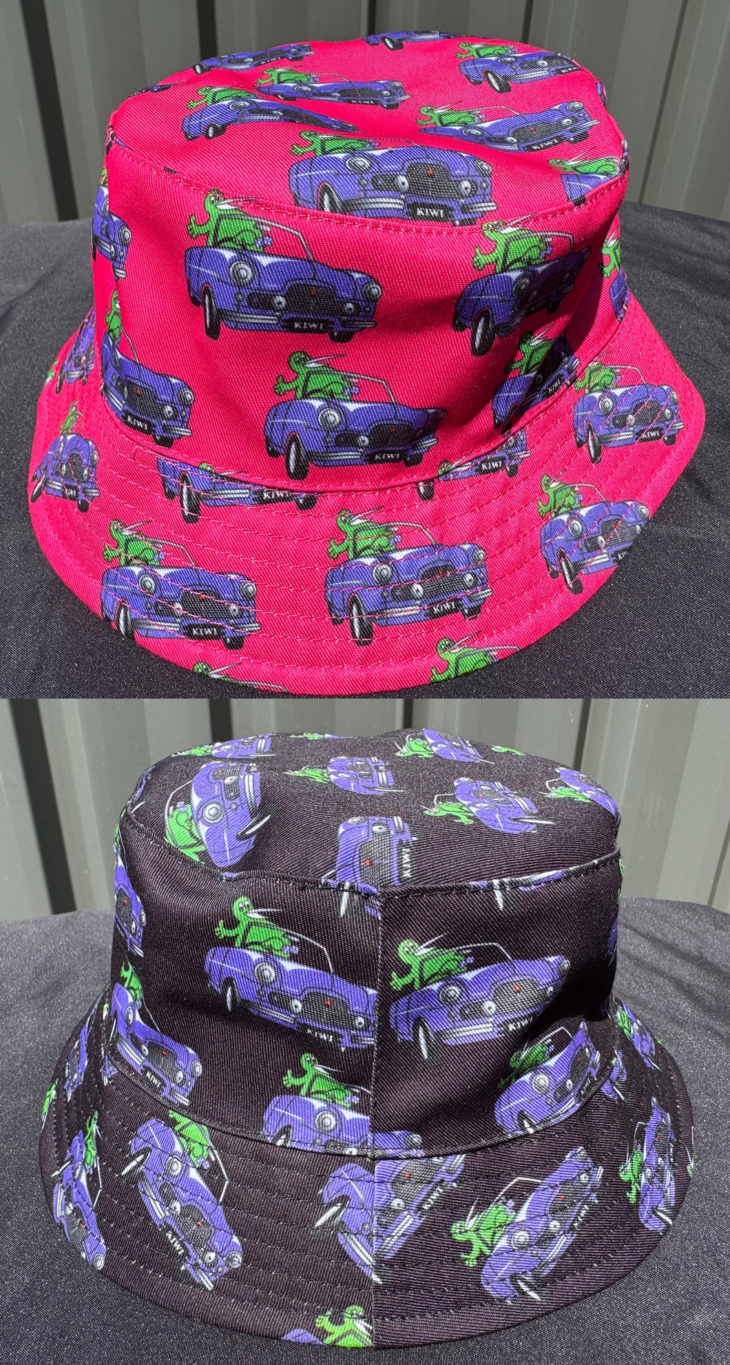 Reversible Bucket Hats Kids(Kiwi in a Car)  Size 54cm